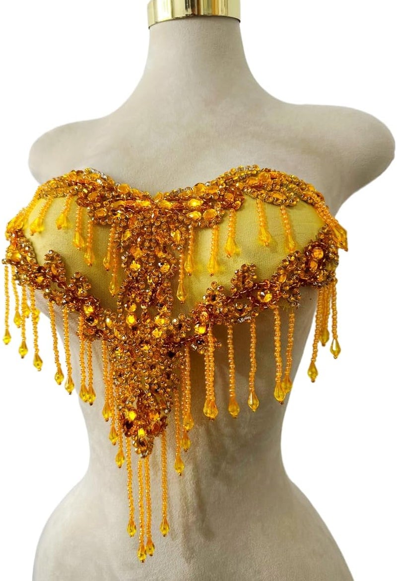 MOPISVN Handmade Crystal on lace Applique Sewing Rhinestones Fringe Beads Sequins Patches Trim Luxury Decoration Accessories for Wedding Dress 17X12.5inches (Gold) - Image 2
